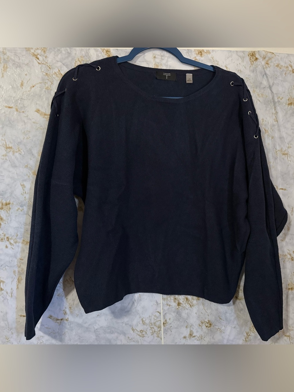Tahari Navy Lace-Up Shoulder Knit Pullover
